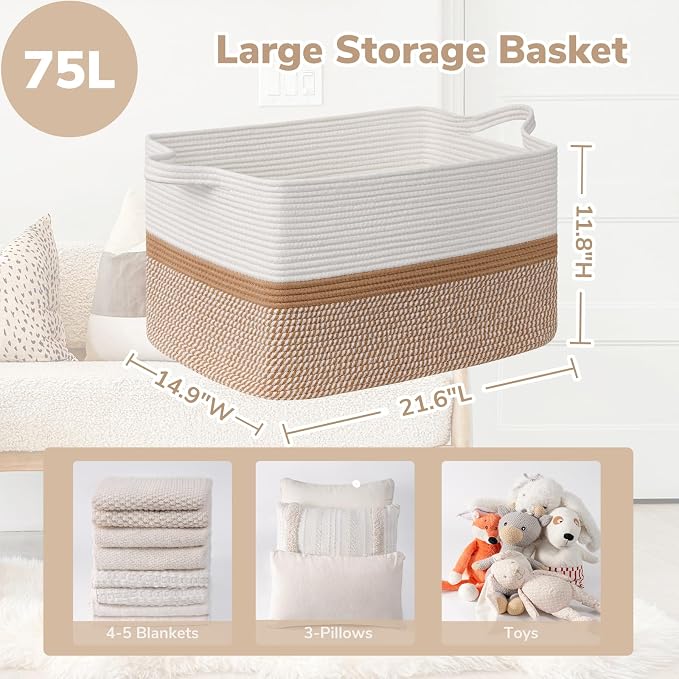 Goodpick Large Woven Rope Blanket Basket, Rectangle, White & Camel Mix | 21.6'' x 14.9'' x 11.8'' Storage Basket for Blankets & Toys, Living Room, Bedroom & Nursery Organization, Home Decor