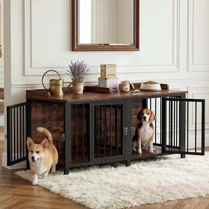 BOINN 63" Heavy Duty Dog Crate Furniture with 4 Doors, Removable Divider & Openable Top, Indoor Dog Kennel with Raised Edge Tabletop, Double Dog Cage for Medium Large Dogs, Decorative Pet Crate