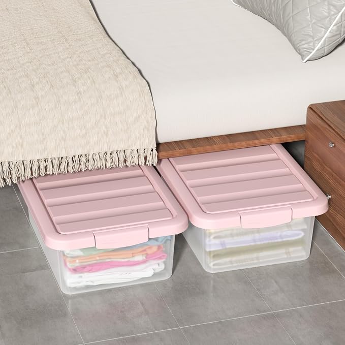 14 Quart Plastic Storage Latching Bin Box with Pink Lids, 2 Packs | Flat Under Bed Organization Latch Tote Containers with Lid