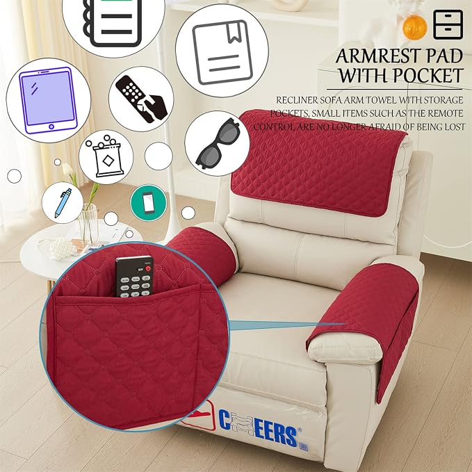 Water-Resistant Sofa Armrest and Headrest Covers, 2 Pockets | Quilted polyester helps shield recliners, loveseats and sofas from daily wear; silicone backing and fasteners improve grip