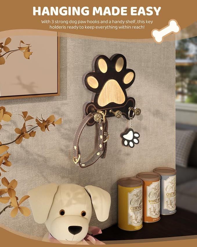 MTERSN Pine Wood Dog Leash Holder for Wall with 3 Hooks, Dark Brown