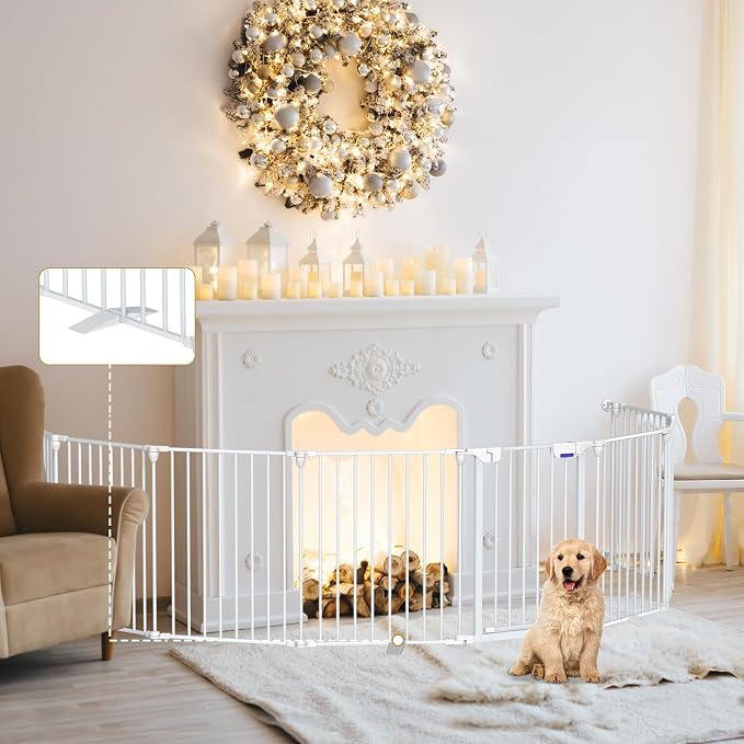 Kfvigoho Dog Gate 27.5"-199" Extra-Wide Playpen, Freestanding Pet Gate | Puppy Fence with Auto-Close Door, Double Locking System for Fireplace, Foldable White, 8 Panels
