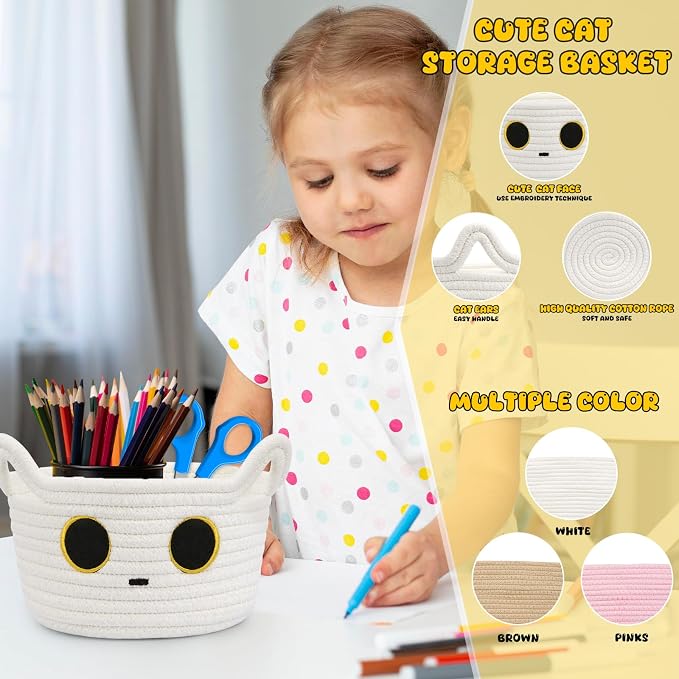 Small Storage Cute White Cat Cotton Rope Woven Basket for Nursery | Blanket Basket Baby Toy Storage Organizer With Ears for Gifts Cat Dog Bin Toys 8.5×4.5 inches