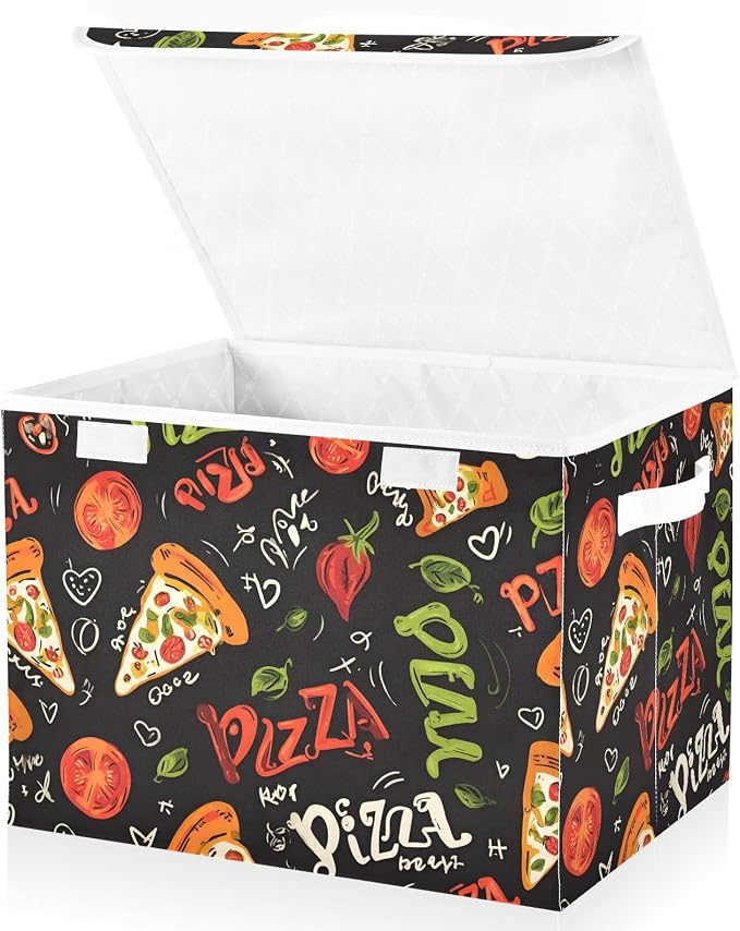 Pizza Fabric Storage Bins with Lid Large Organizer Containers 40L Baskets | Decorative Storage Boxes, Dust-Proof Flip Top, Reinforced Handles, For Home & Bedroom, Clothes & Toy Box, Oxford Fabric Print