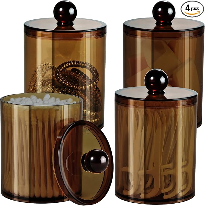 SheeChung 4-Pack Qtip Holder, Amber Acrylic Apothecary Jars for Bathroom | (2) 10oz & (2) 12oz Qtip Holder Set - Bathroom Vanity Organizer for Cotton Swabs,Balls,Pads - Modern Farmhouse Decor
