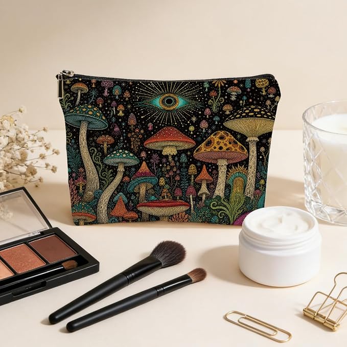 Boho Mushroom Makeup Bag, Vintage Mushrooms Cosmetic Bag Makeup Pouch | Evil Eye Travel Toiletry Bags for Women Girls Friends Sisters Wife Christmas Friendship Graduation Birthday Gifts