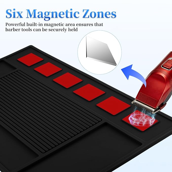 Magnetic Barber Mat for Clippers, Station Organizer with 6 Magnets | Silicone Material, Anti-Slip Surface, Heat-Resistant, Waterproof, Easy Clean, Tool Slots Design, For Barbershop & Salon