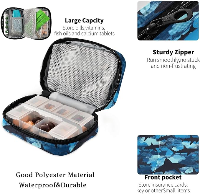Fustylead Blue and Black Shark Camouflage Pattern Travel Pill Organizer Case Zipper for Purse with Removable Weekly Pill Box for Medicine, Vitamin, Supplement Medicine Organizer