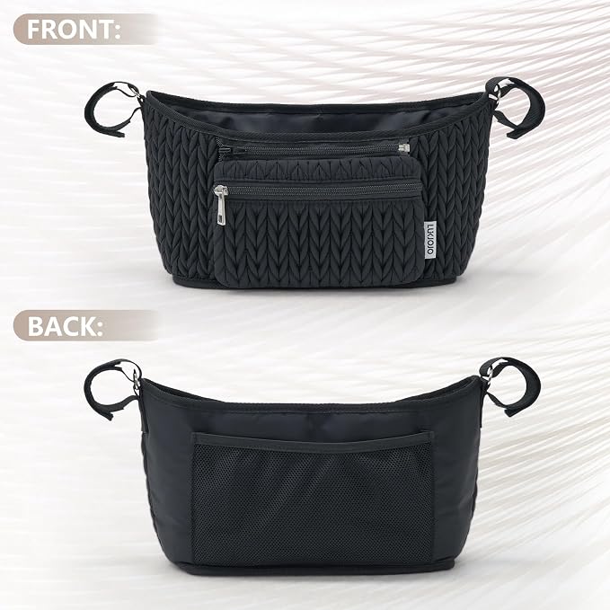 Stroller Organizer - Stylish Quilting Nylon, Universal Fit, Detachable Bag, Adjustable Multi-Storage for Baby Stroller and Pet Stroller（Black-A