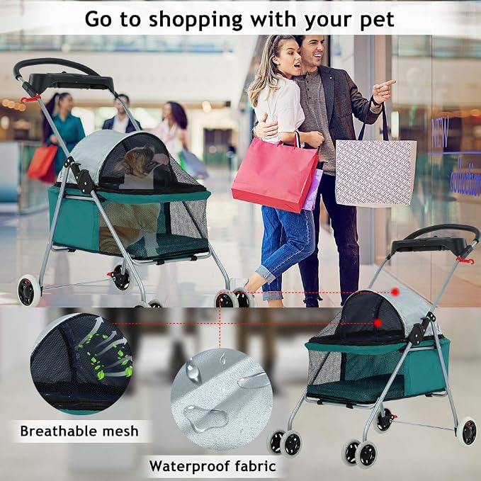 Dog Stroller Pet Stroller Cat Strollers Jogger Folding Travel Carrier Durable 4 Wheels Doggie Cage with Cup Holders 35Lbs Capacity Waterproof Puppy Strolling Cart for Small-Medium Dogs, Cats - Teal