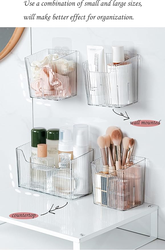 Lae Nuvole 2Pcs Storage Organizer Bins, Wall Shower Toothbrush Caddy, Clear | with Dividers & 4 Adhesive Pads, No Drill, Renter Friendly, BPA-Free PET, Fits Bathroom, Apartment, RVs, Cabinet/Pantry Door