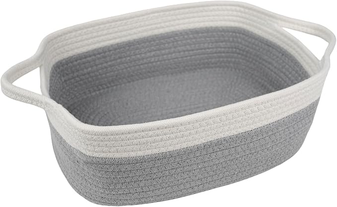 BOMINICA Cotton Rope Storage Basket with Handles, Natural Woven Basket, Decorative Rectangle Organizer Bin for Home, Nursery, Montessori, Pet Toy Storage and Bathroom Organization, Grey&White