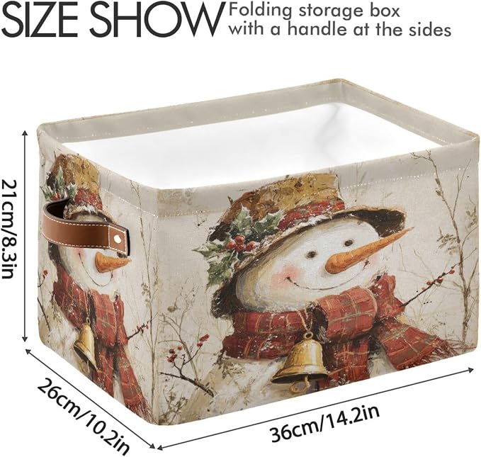 Christmas White Snowman Print Rectangular Storage Bin Basket with Handles - Nursery Storage Laundry Hamper Storage Baskets