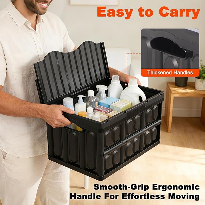 Plastic Collapsible Storage Bins with Lids, | 45L Stackable Plastic Crates, Holds 55 lbs Per Bins, Heavy Duty Containers for Home Organizing, Garage Tools & Camping