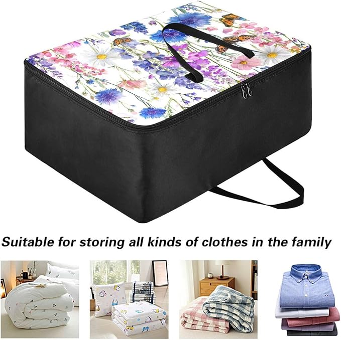 Comforter Storage Bags Large Folding Blanket Organizer Bag with Strong Handles Clear Window Closet Storage Containers for Clothes King Queen Pillows Bedding Quilt Duvet Pink Bluebonnets Daisy