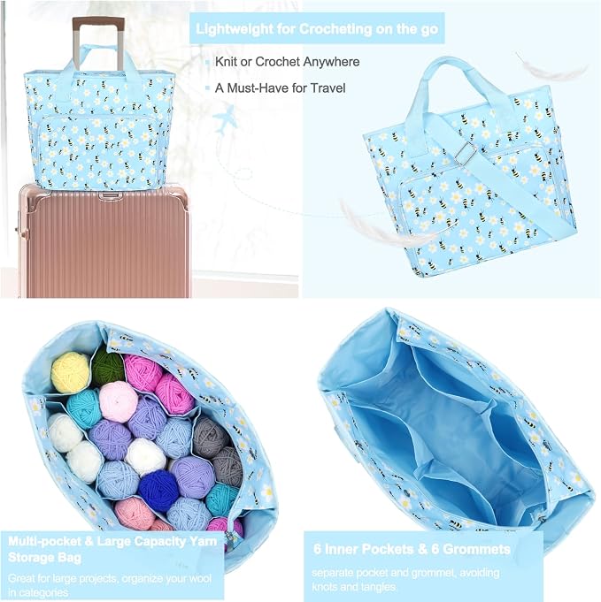 Katech Large Crochet Bag with Beginner Crochet Books, Yarn Storage Organizer Crochet Travel Bag for Crochet Hook, Knitting Accessories, Knitting Bag Crochet Tote Bag for Crochet Lover Gift
