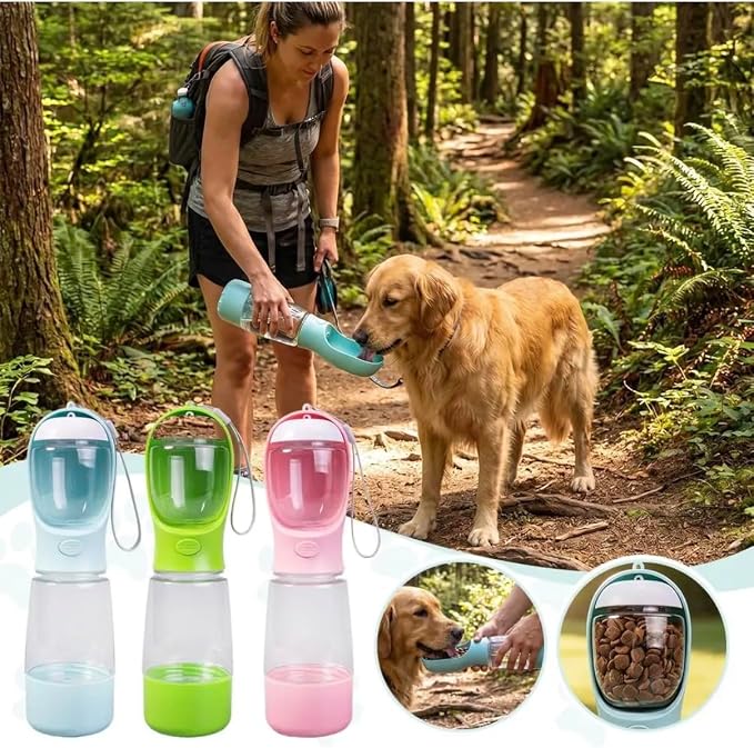 Portable Dog Water Bottle with Bowl, Food Container & Poop Bag Holder, 13.5 oz, Leak Proof Travel Pet Water Bottle for Dogs & Cats, Food Grade Plastic Dispenser for Walking, Hiking & Camping (Green)
