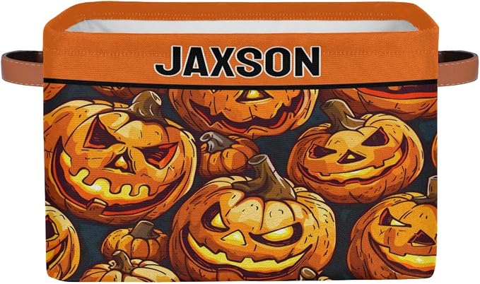 Custom Storage Baskets for Kids Name, Large Foldable Organizer Collapsible Storage Bin with Leather Handle for Home Toys Closet Nursery, Painted Happy Halloween Pumpkin