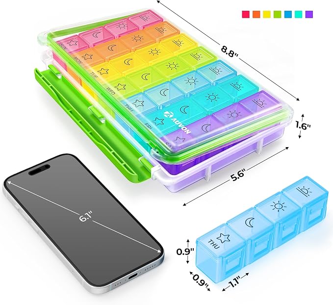 AUVON Large Moisture-Proof Weekly Pill Organizer 4 Times a Day, BPA-Free | 7 Day Pill Box Case with Portable Design for Travel, Removable Individual Containers Hold Vitamins, Supplements, Medications