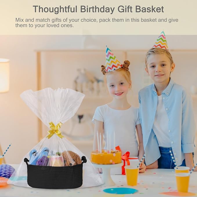 Small Empty Gift Basket with Bag & Ribbons, Black | 12“x8”x5”, Cotton Rope Woven Basket for Birthdays, Baby Showers, Mother's Day, Christmas; Stores Small Items, Kids & Pet Toys
