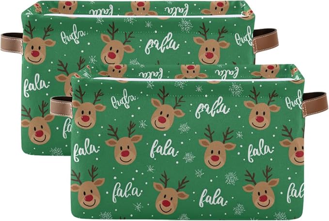 Green Christmas Reindeer Storage Basket with Waterproof Liner and PU Handles Winter Snowflake Xmas Storage Bins Boxes 14.2" Collapsible Decorative Organizer Baskets for Bedroom Closet Office 2 Pack