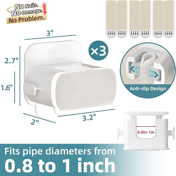TAILI Mop and Broom Holder Wall Mount Grippers, 3 Hangers and 8 Adhesive Strips, Damage Free Hanging Wall Mount, Household Cleaning Organizer for Organization and Storage, Holds up to 4 lbs, White