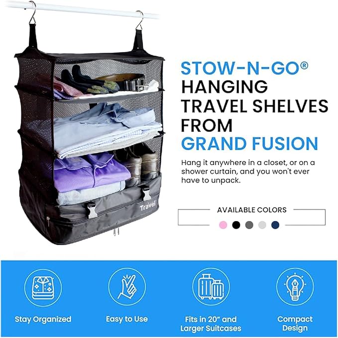 Stow-N-Go Hanging Travel Shelves, Packing Organizer for Luggage. Carry on Closet for Suitcase. Expandable Packing Cube. Travel Essentials. (Black - XL, XL = (L) 17.7" x (W) 11.8")