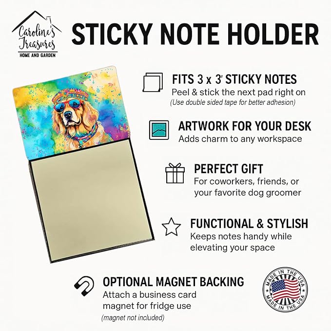 Caroline's Treasures Golden Retriever Hippie Dawg Sticky Note Holder Refillable Dispenser Self-Sticky Note Pads, Memo Pads Blank Desk Accessories