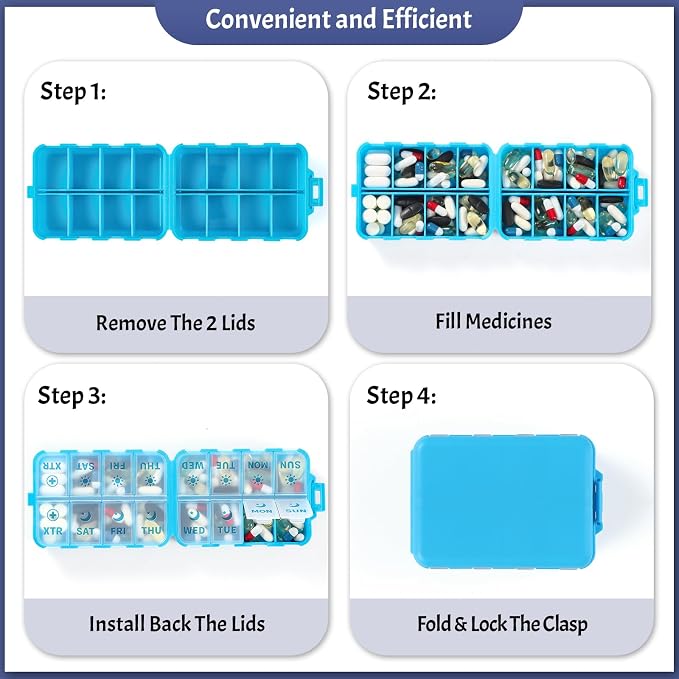 Foldable & Portable Pill Organizer 2 Times A Day with Extra Compartments - Etched Labels - Weekly 7 Day AM PM Medicine Box, Week Daily Travel Pill Case Holder Dispenser for Vitamin, Supplement - Blue
