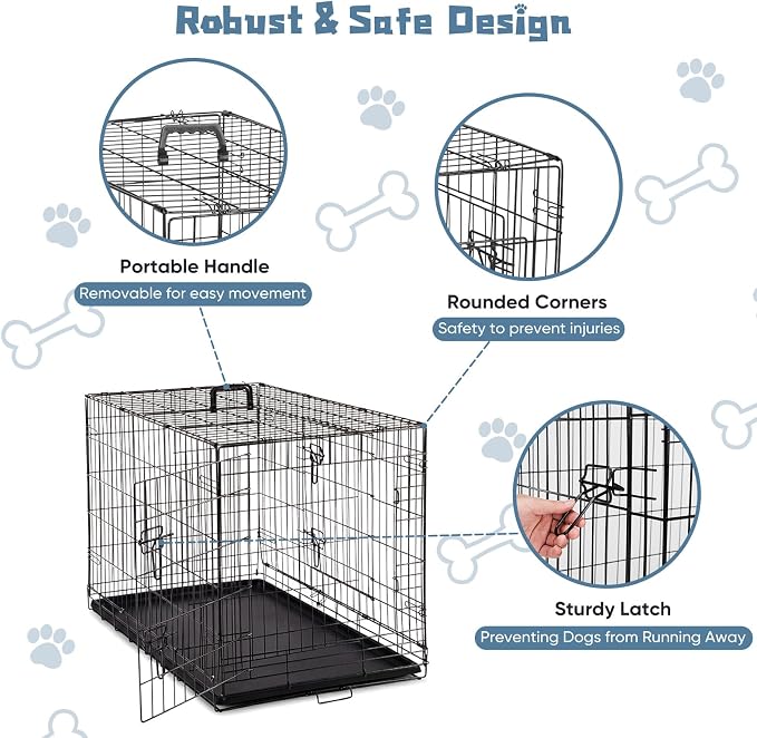 DUMOS 36 Inch Dog Crate, Puppy Small Medium Foldable Dog Cage Pet Kennel | Double Door Metal Wire, Plastic Leak-Proof Pan Tray, Portable Indoor Outdoor Training Travel