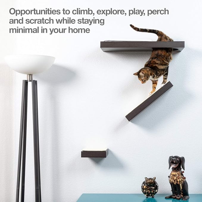 PetFusion Cat Activity Wall Shelves, 3 Piece Set, Wall Mount | Sisal Surfaces for Scratching and Plush Pad to Lounge, Neutral Design and Color Tones