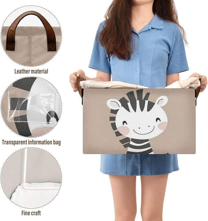 Cute Happy Zebra Brown Animal Storage Basket for Baby with Handles&Label Rectangular Waterproof Nursery Storage Bins Collapsible Organizer Baskets for Kids Cloth Gift Toys Laundry Shelf