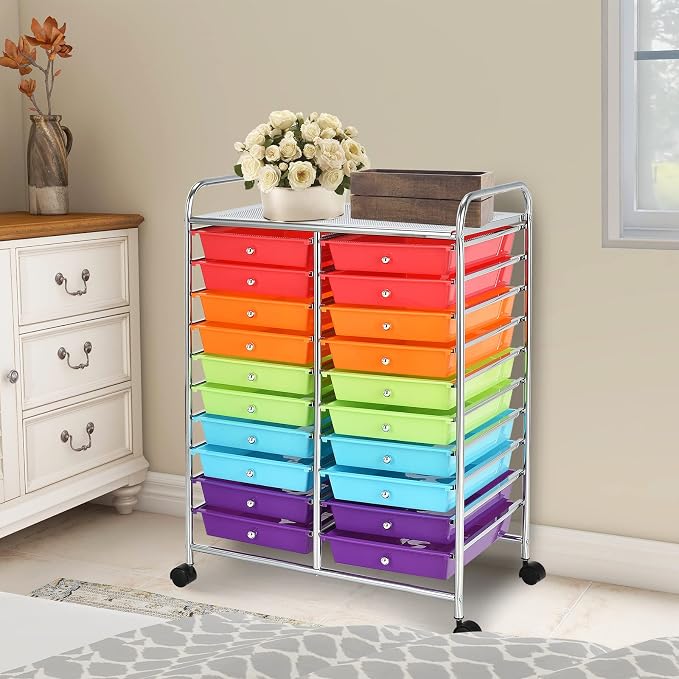 20 Drawer Rolling Storage Cart, Art Cart Organizer with Wheels for Makeup, Tool, Paper, Multipurpose Craft Storage Cart with Drawers for Office, Home, Classroom, Teacher, School (Multi-Color)
