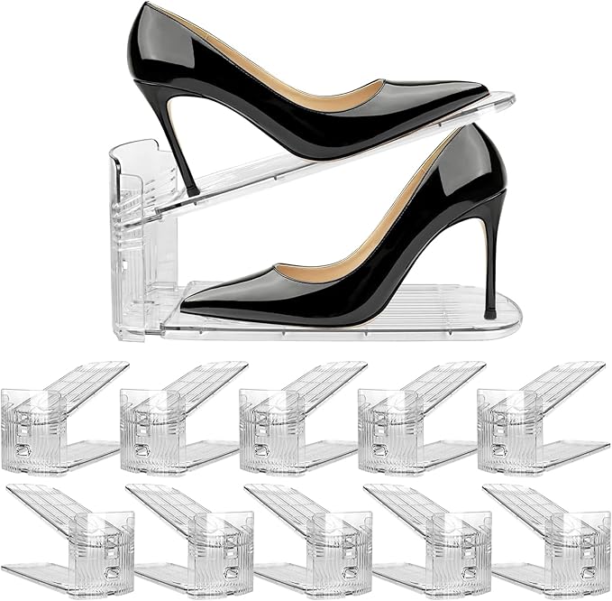 NVGSN 10Pack Clear Shoe Slot Organizer,Shoe Stacker,Storage Space Saver 50% | 3 Levels Adjustable Height 3.7''-7.7''shoe Organizer for Closet,Easy to Assemble shoe Rack Holder,Organizador de Zapatos