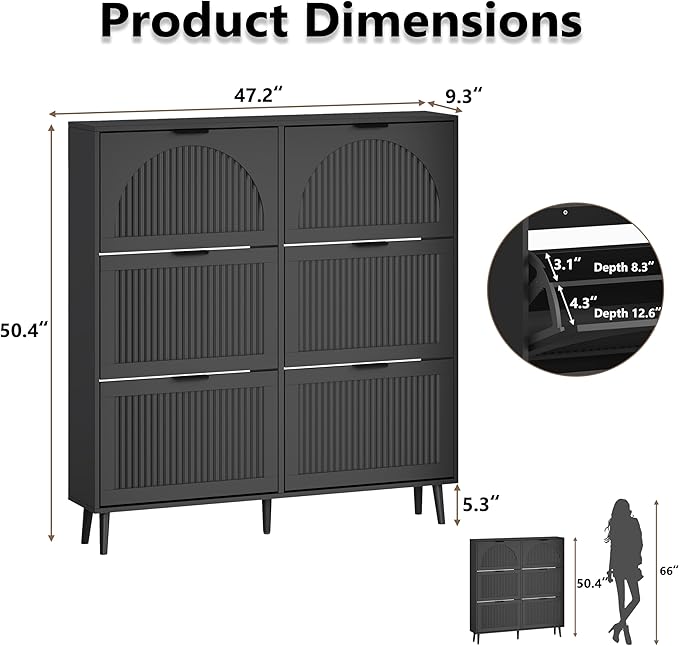 BORNOON Shoe Cabinet for Entryway with 6 Flip Drawers, Slim Wooden Shoe Storage Organizer with Modern Fluted Pannel，Freestanding Narrow Hidden Shoe Rack for Hallway, Foyer, Living Room