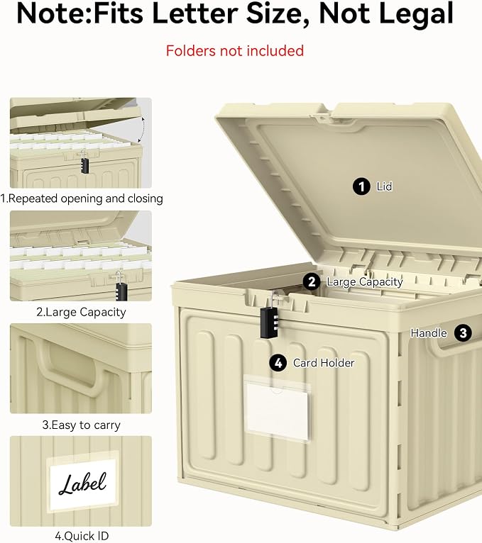 Oterri Lockable Stackable Plastic File Box with Lid for Letter-Size | Hanging File Folders Not Included. Lhaki, Large 2-Pack. Home, Office, Classroom, Dorm, Tax, Under Bed, Filing Cabinet.