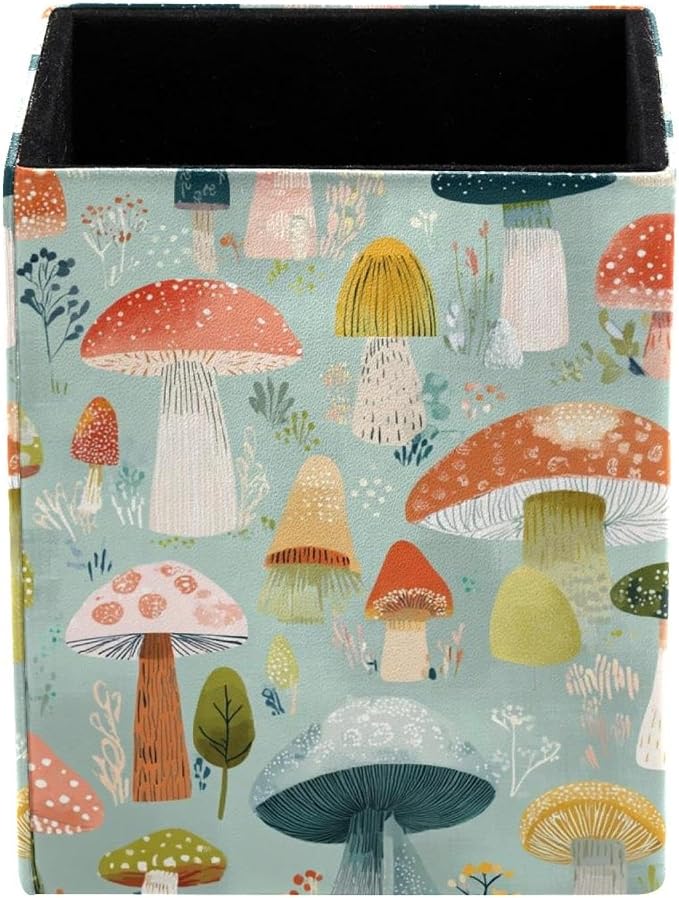 Mushroom Pen Holder for Desk Decor, Rectangular PVC Leather Pencil Cup for Desk Pen Organizer, Makeup Brush Holder for School, Home, Office