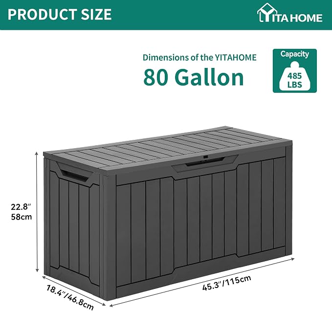 YITAHOME 80 Gallon Resin Deck Box | Weather Resistant Outdoor Storage Box, Lockable Indoor Outdoor Storage for Supplies and Essentials, Dark Gray