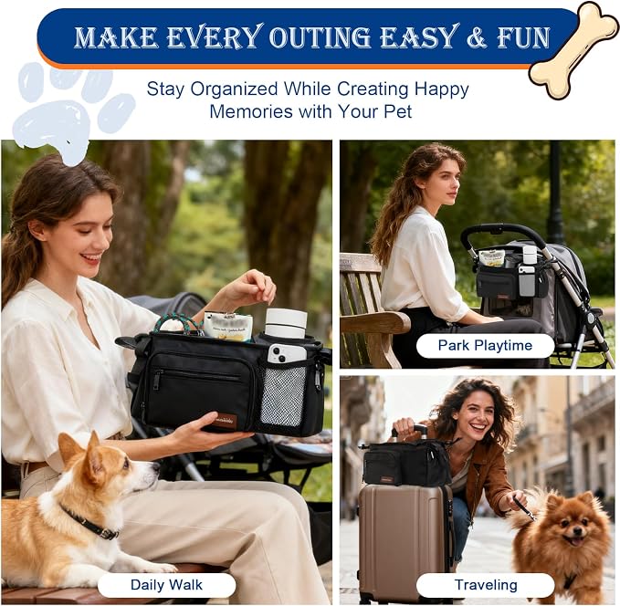Dog Stroller Organizer Bag, Pet Stroller Caddy with Insulated Cup Holder | Fits 14–19" Handles, Treat Pocket, Poop Bag Dispenser & Multiple Pockets for Dog Stroller Accessories, Dog Mom Gift Ideas