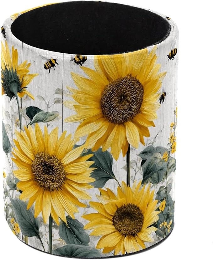 Faux Leather Pen Holder for Desk, Pencil Organizer Retro Wooden Board Sunflowers Pen Cup Desk Decor Makeup Brush Holder Storage for Office Home