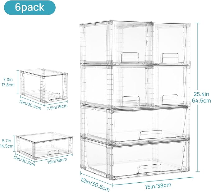 Vtopmart Clear Stackable Storage Drawers, 6 Pack Large Organizer Set | Wide and Medium Pull-Out PET Drawers with Stackable Design for Larger Storage Needs, Kitchen Cabinets, Closets and Pantry