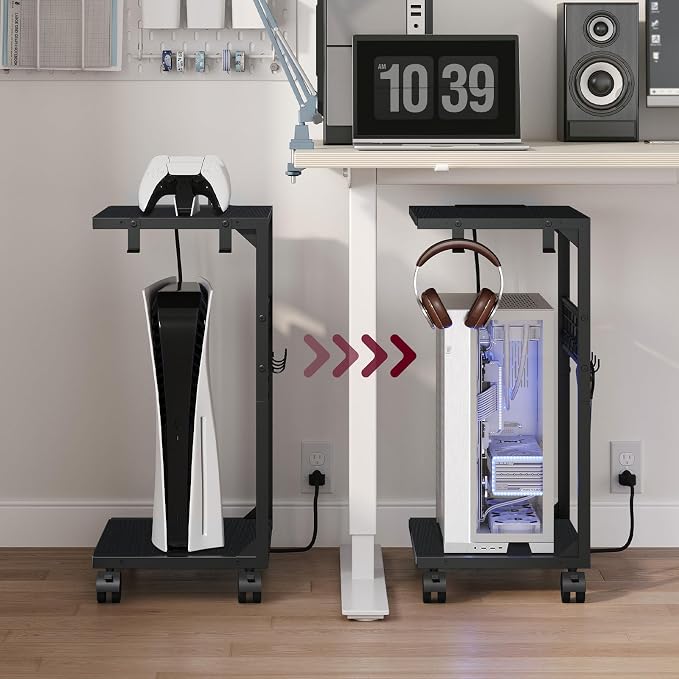 PC Stand, Computer Tower Stand with Charging Station, 16.9" W x 11.4" D x 27.6" H, Computer Cart with Wheels and Hooks, CPU Holder for Carpet, Floor and Under Desk, Easy Assembly, Black
