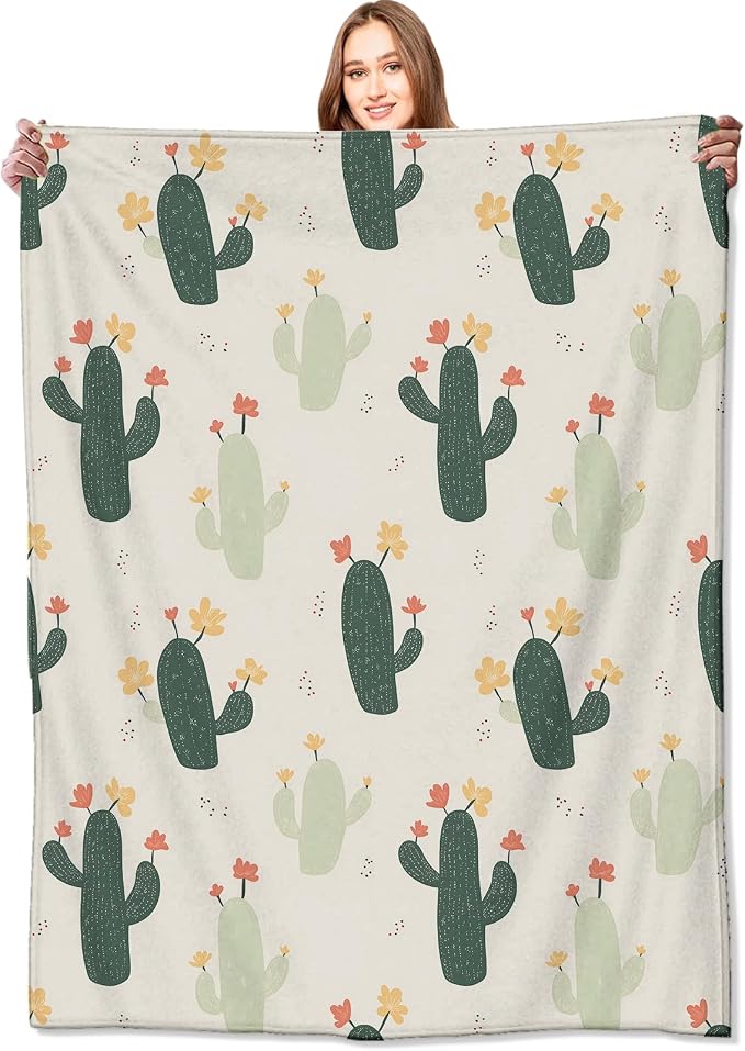 Cactus Blanket,60x80in,Cute Pastel Cacti with Blooming Flower Throw Blankets,Gifts for Kids Girls Women, Lightweight Soft Fleece Cozy,for Sofa Couch Bed Room Travel Southwestern Modern Decor