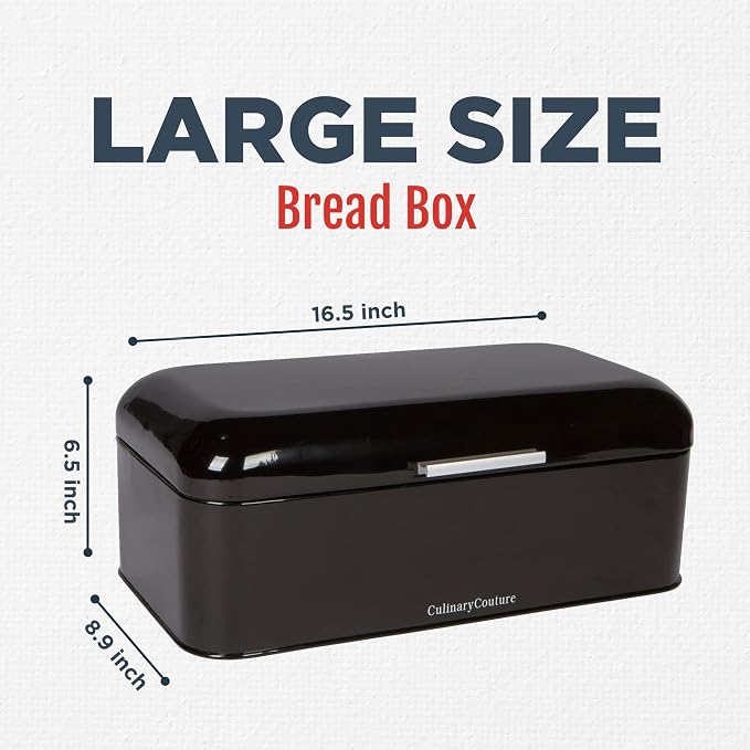 Extra Large Black Bread Box for Kitchen Countertop 16" x 9" Holds 2 Loaves | Stainless Steel Vintage Bread Boxes for Kitchen Counters