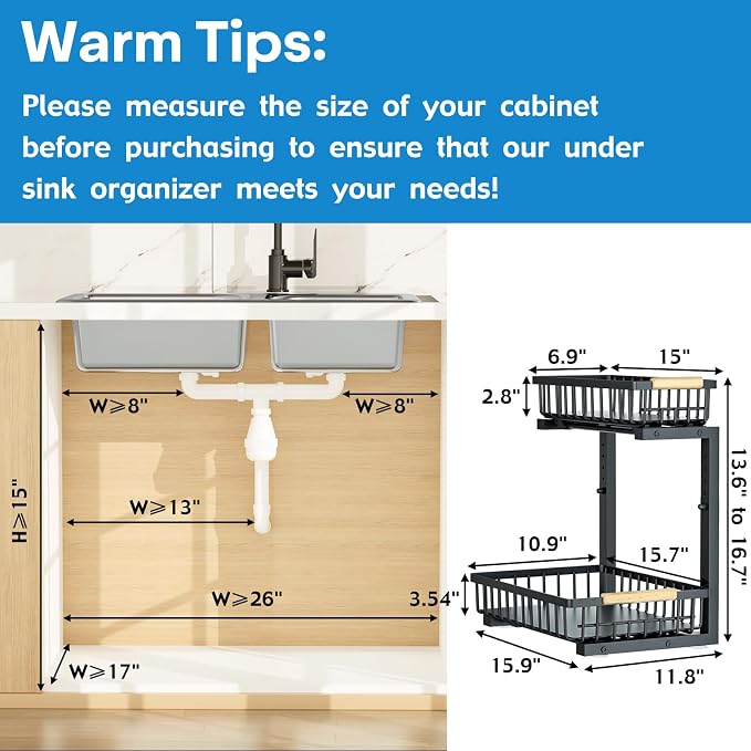 2Pcs Under Sink Organizer, 2-Tier Pull Out Under Sink Organizers and Storage, Adjustable Metal Under Cabinet Organizer Shelf, Bathroom Organizer, Sliding Out Drawer for Kitchen Pantry Black