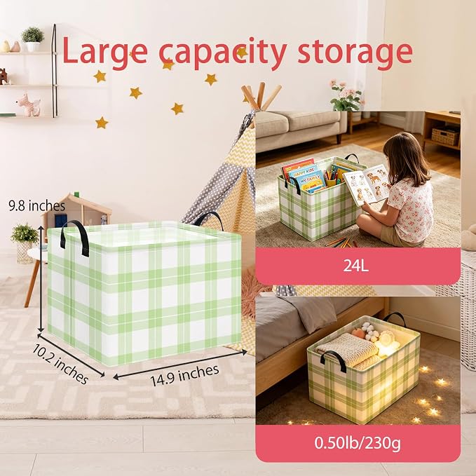AppleGreen Grid Rectangular Storage Basket Empty,Storage Bin with Handles,Room Decor,Gift Basket,Book Box(Green Plaid)