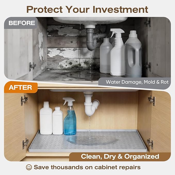 TRZZ Waterproof Under Sink Mat, 28"x22", Drip Tray Shelf Liner, Grey | Silicone, Cabinet Protector, Home Organizer, for Kitchen, Bathroom, Multipurpose, Easy Clean, Leak Proof, Organizes Cabinets