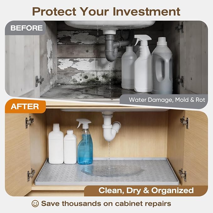 TRZZ Waterproof Under Sink Mat, 22"x19", Drip Tray Shelf Liner, Grey | Silicone, Cabinet Protector, Home Organizer, for Kitchen, Bathroom, Multipurpose, Easy Clean, Leak Proof, Organizes Cabinets