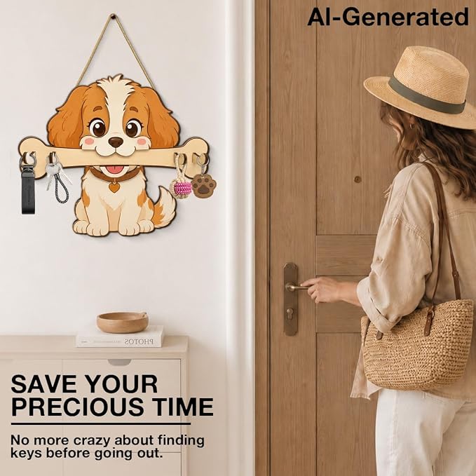 Dog Leash Holder for Wall, Cute Dog Leash and Key Organizer, Cute Puppy Wooden Key Holder Wall Mount with 4 Keys Hooks for Collars, Entryway Garage Living Room Kitchen Mudroom