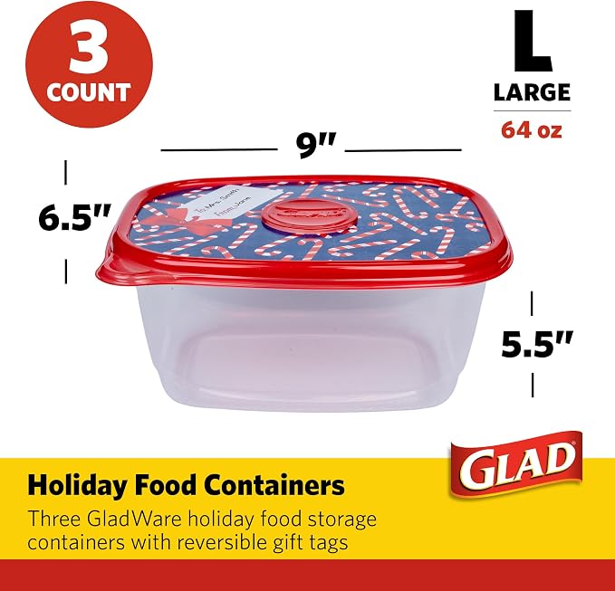 Glad GladWare Holiday Food Storage Containers, Large Rectangle, 48 Oz, 3 Ct | BPA-free plastic, reversible gift tags included, microwave, freezer, and dishwasher safe, 64 oz, gifting